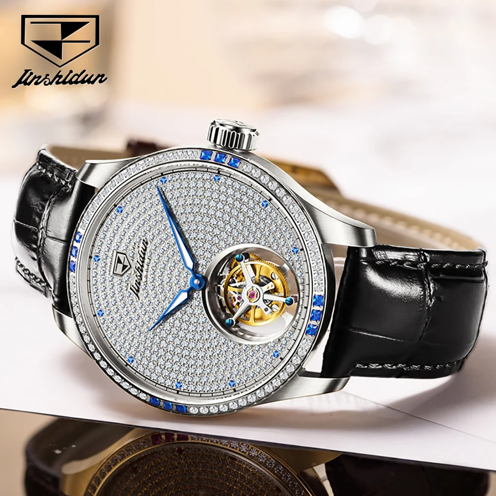 JSDUN 832 Top Tourbillon Men Automatic Mechanical Watch Leather Strap Luxury Original Full Diamond HD Sapphire Mirror Men Watch