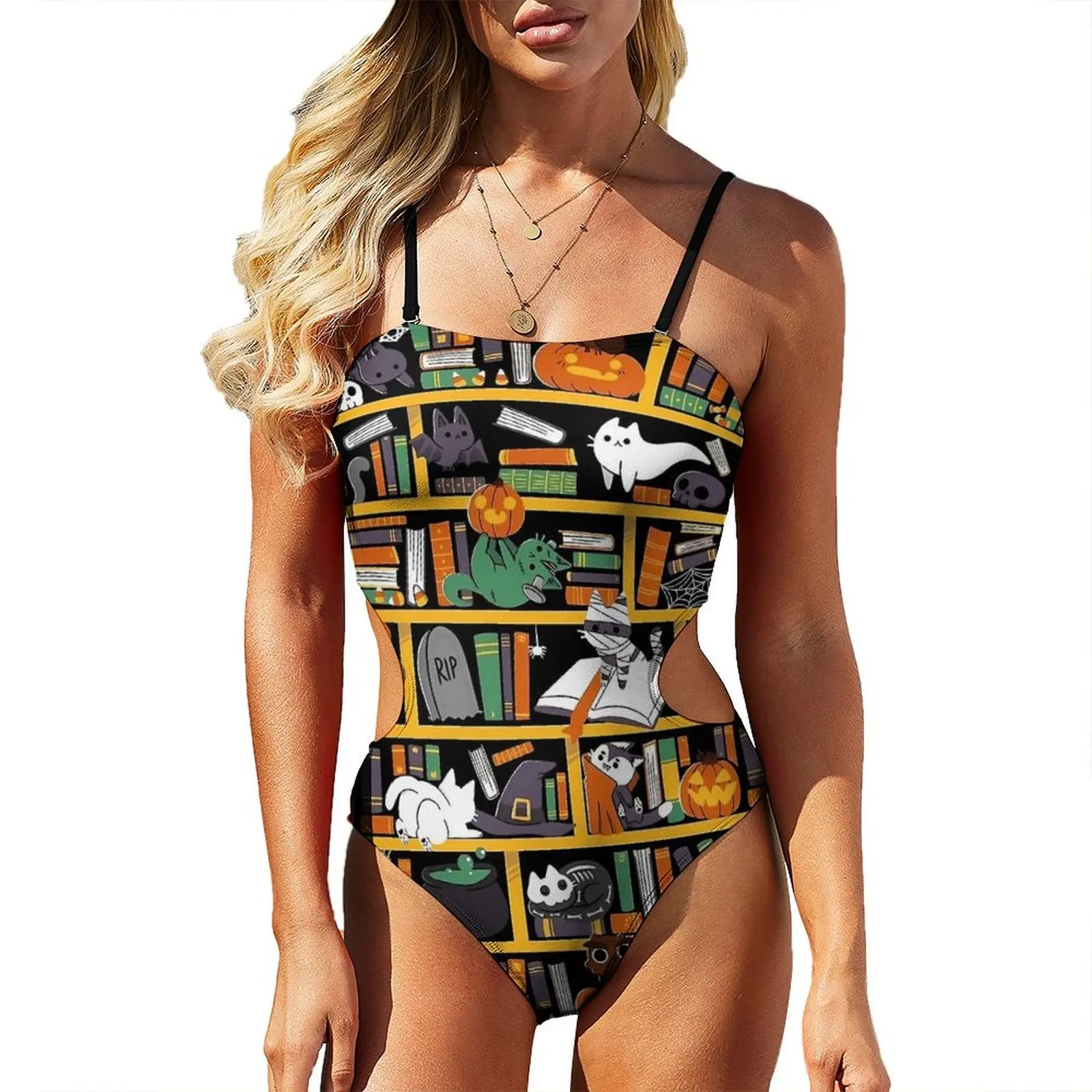 Halloween Library Cat Swimsuit Sexy  One Piece Swimwear Push Up Bodysuit Stylish Design Monokini Birthday Present