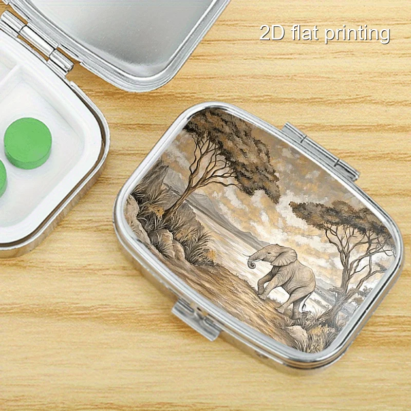 1 Elephant-Patterned No. 42 New Square Double-Layer Metal Pill Box, Pocket-Sized, Portable Pill Box, Suitable for Business Trips, Outdoor Fitness, and Can Be Placed in a Pocket or Bag. The Position of the Pattern May Vary.