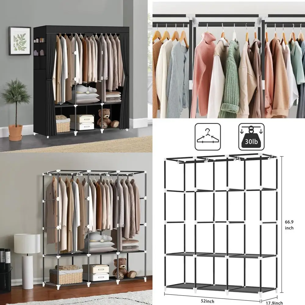 

Компактный черный шкаф с 3 штангами, 6 полками и 4 боковыми карманами для легкой сборки и устойчивости