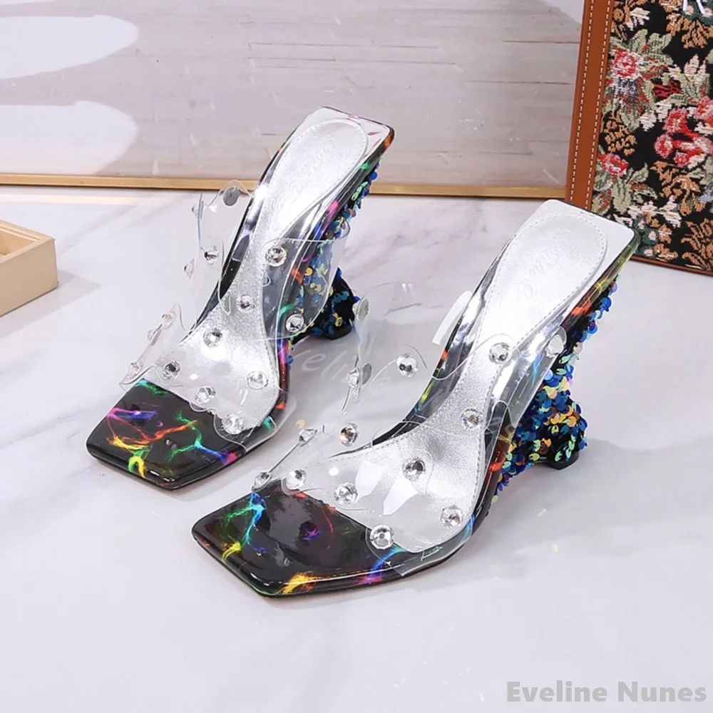 

Bling Rhinestone Transparent Fashion Slippers Women Square Toe Mixed Colors Wedges Slip On Sandals 2024 Summer Outdoor Slippers