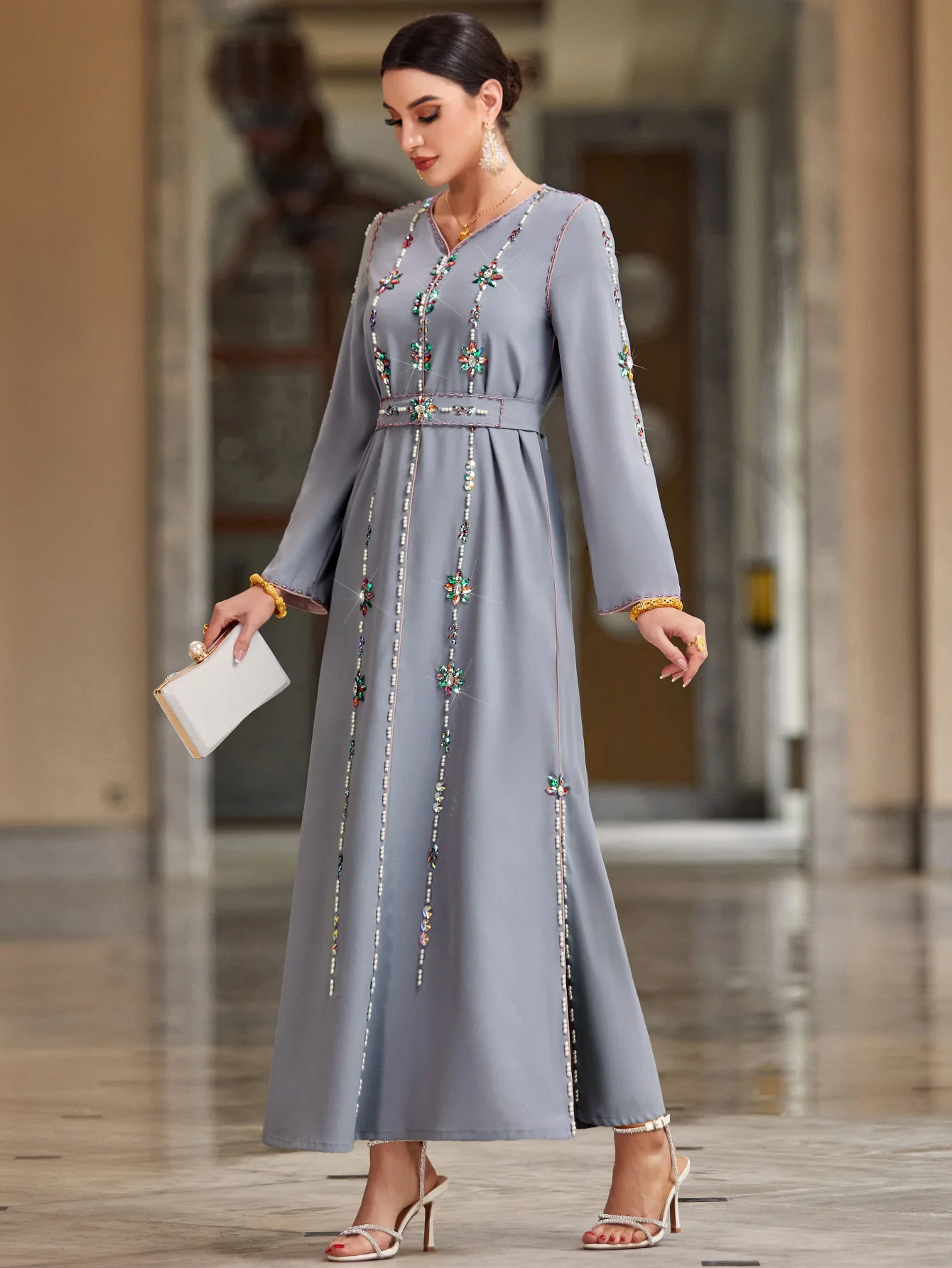 Morocco Muslim Women Abaya Diamonds Maxi Dress V-Neck Short Sleeve Dubai Turkey Loose Caftan Party Gown Musulmane Femme Vestidos