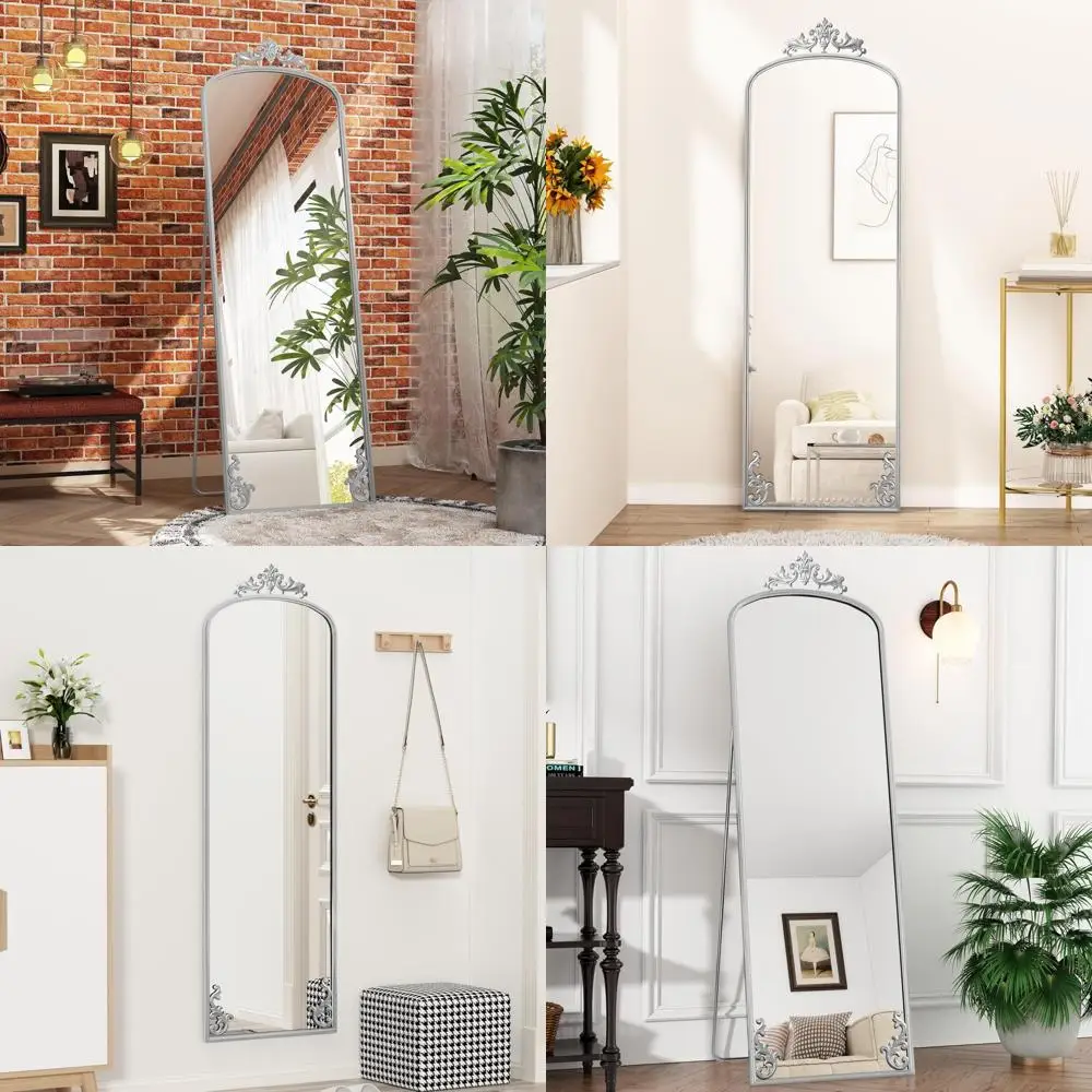 Eleganter gewölbter Bodenspiegel mit silberner Schnitzerei, stehender Ganzkörperspiegel für Wand oder Anlehnen, stilvoller Akzent für die Inneneinrichtung