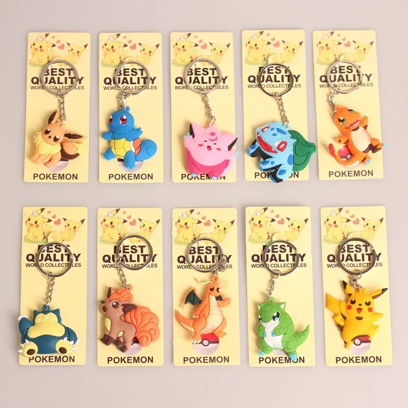 Hot New 10pcs/set Pokemon Anime Figures Snorlax Vulpix Dragonite Keychain Pikachu Bulbasaur Charmander Doll Key Ring Accessories