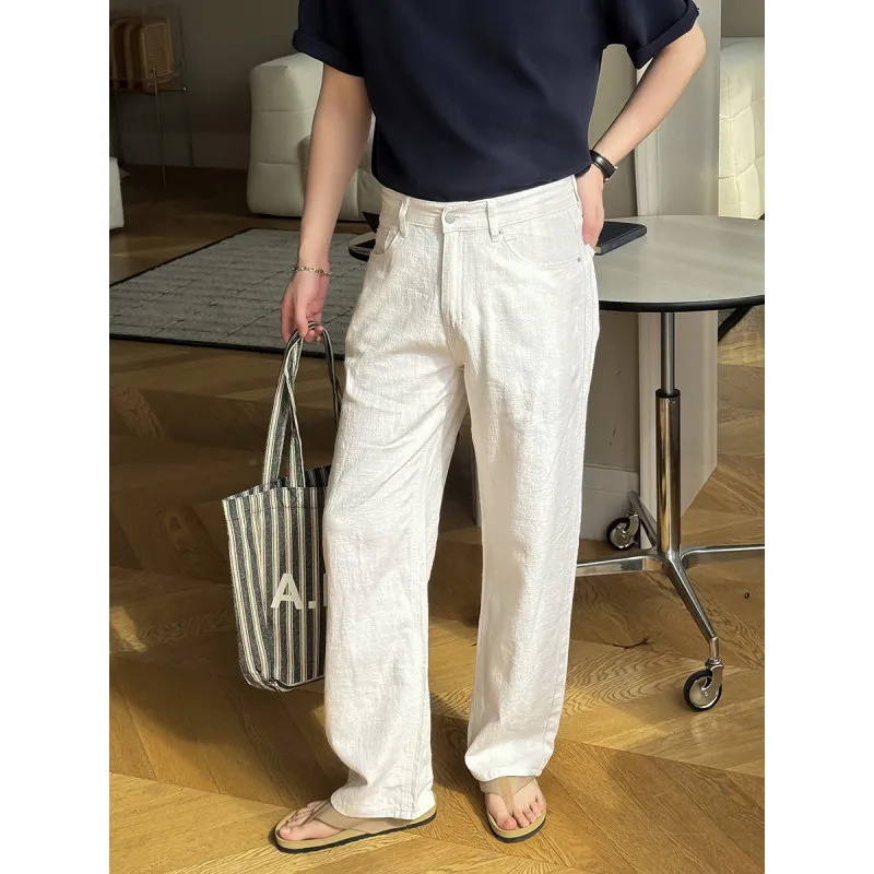 

Folded Loose Cotton Linen Straight Leg Thin Men's Casual Pants White Floor-Length Pants Breathable Comfortable Spring Summer
