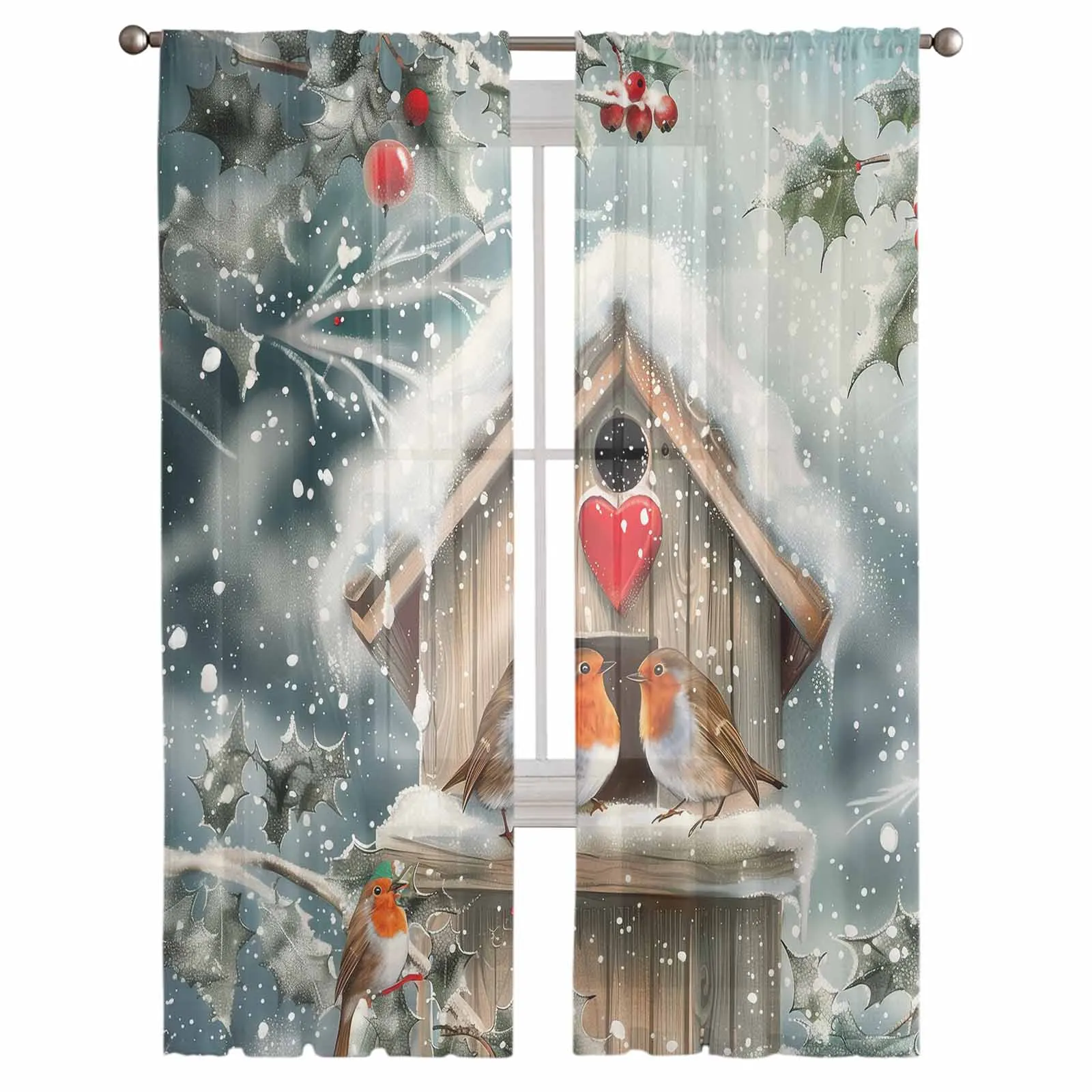 Christmas Robin Snowflake Chiffon Sheer Curtains for Living Room Bedroom Decor Kitchen Window Voiles Tulle Curtain