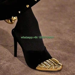 Gold Toe Stiletto Mules Black Stitching Personality Large Size Shoes Rear Zipper Boots