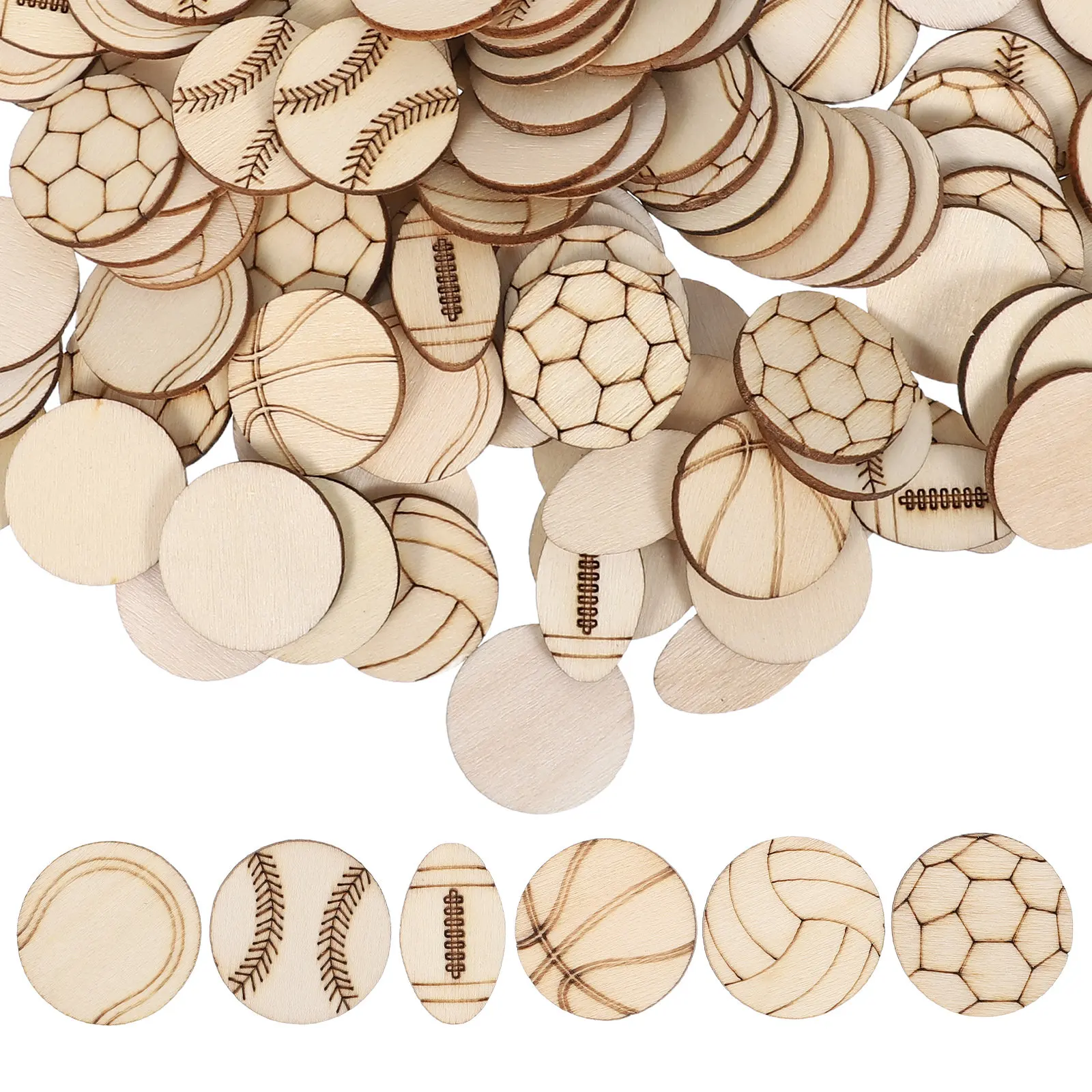 

150 деревянных заготовок в форме мячей для спорта (футбол, бейсбол, баскетбол, волейбол, теннис) для поделок своими руками