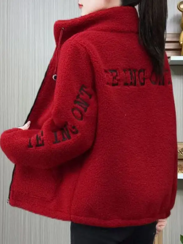 

Женская повседневная свободная толстовка с воротником-стойкой из ягненка, осень-зима, новая корейская версия, полиэтиленовая толстовка с высокой талией...