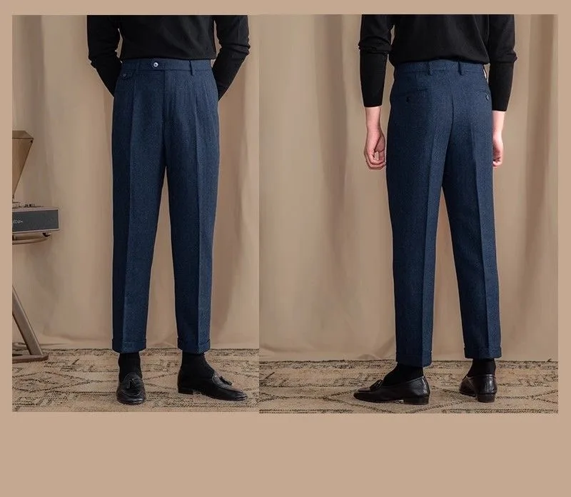 Italian Vintage Suit Pant For Men Autumn Winter Wool Herringbone Pattern Straight Trousers British Style Business Casual Pants