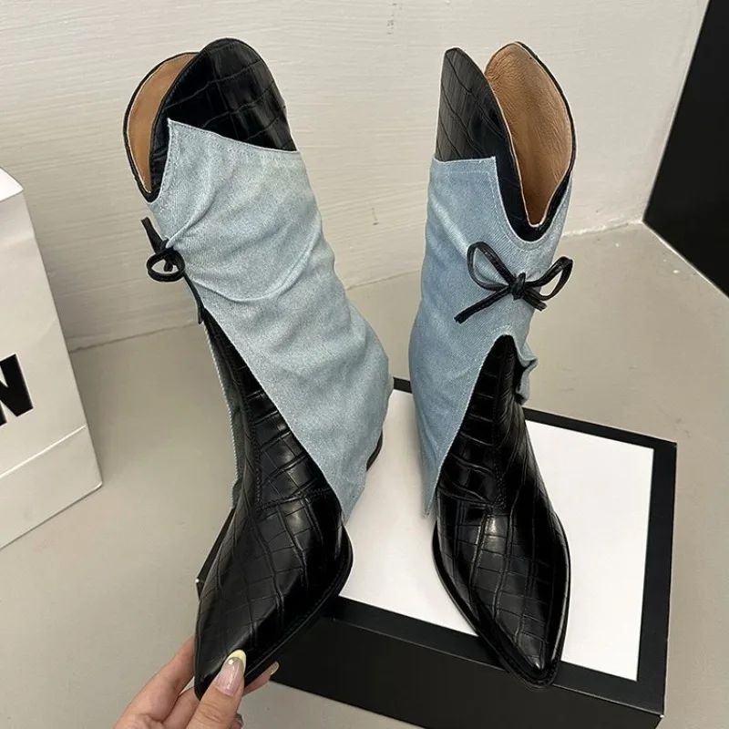 

Осень/зима 2022, новые ковбойские сапоги в стиле вестерн с острым бантом, женские сапоги «Челси» с юбкой до середины икры в европейском и американском стиле