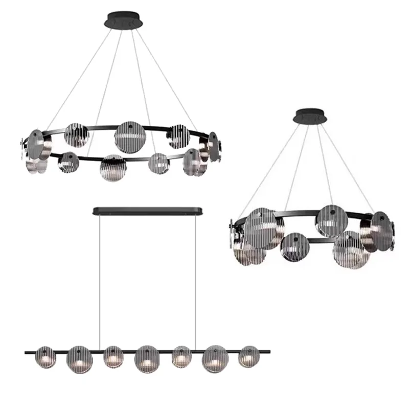 Elegant Modern Black Metal Frame Linear Pendant Lighting with Round Ribbed Glass Discs for Dining Living Room Home Deco