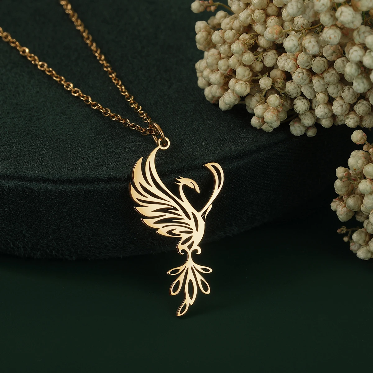 Kinitial Stainless Steel Fire Bird Animal Pendant Necklace For Women Vintage Jewelry Phoenix Ladies Female Necklace