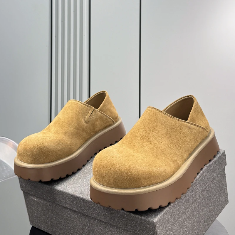 Round Headed Men's Leather Shoes Summer Trendy Slippers Outdoor Leisure Party Walking Thick Soled Height Increasing Men's Shoes