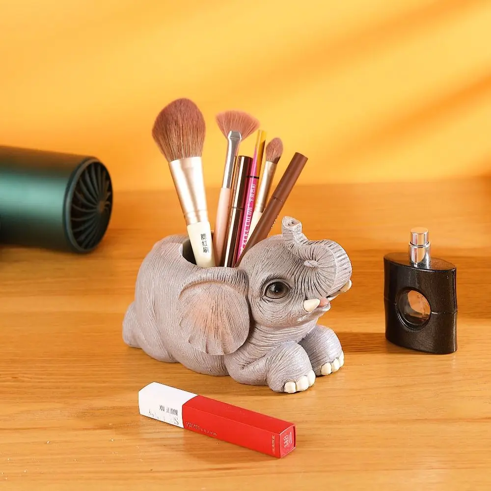 

Makeup Brush Holder Elephant Pen Holder Pencil Stand Container Room Decor Desk Organizer Mini Basket Resin Animal Ornament