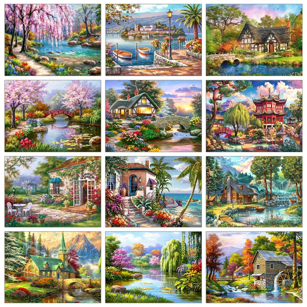 5D Diamant-Malerei Landschaft Garten Voll-Diamant-Mosaik Haus DIY Stickerei Baum Kunst Geschenk Heimdekoration Kreuzstich-Set