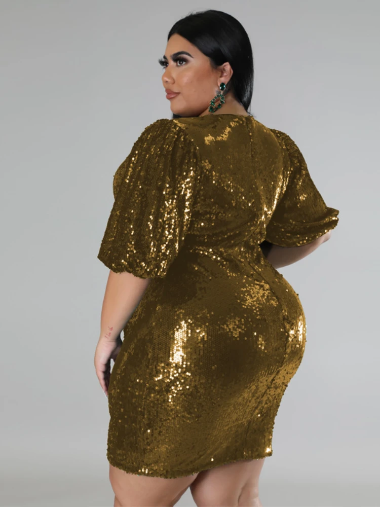 Shiny Sequin Dresses Plus Size Women O Neck Puff Sleeve Slim Fit Mini Dress Gwons Sparkly Party Birthday Nighclub Outfits 4XL