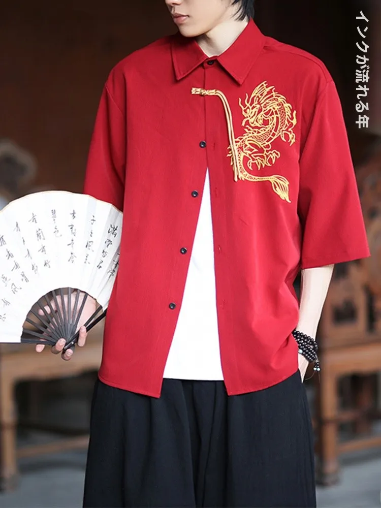 

New Chinese Sle Men's irt Summer Thin Anti-Wrinkle Ice Silk ort Sve Embroidered Dragon Button Tang Hanfu Loose Fit C...