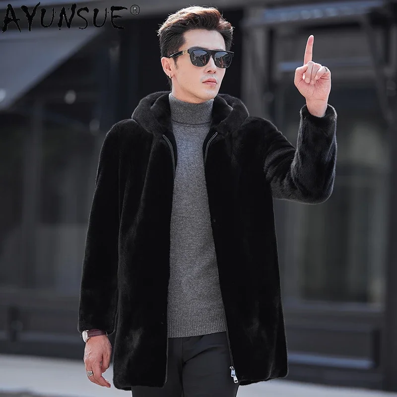 

AYUNSUE Natural Fur Coat Men Hooded Winter 2023 Luxury Mink Fur Jacket Mid-length Black Fur Coats Streetwear Chaquetas Hombre