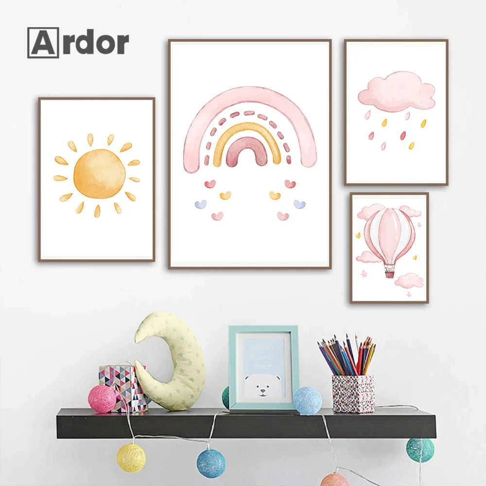 

Girl Rainbow Hot Air Balloon Wall Art Canvas Painting Pink Clouds Sun Rainbow Poster Nursery Print Pictures Baby Kid Room Decor
