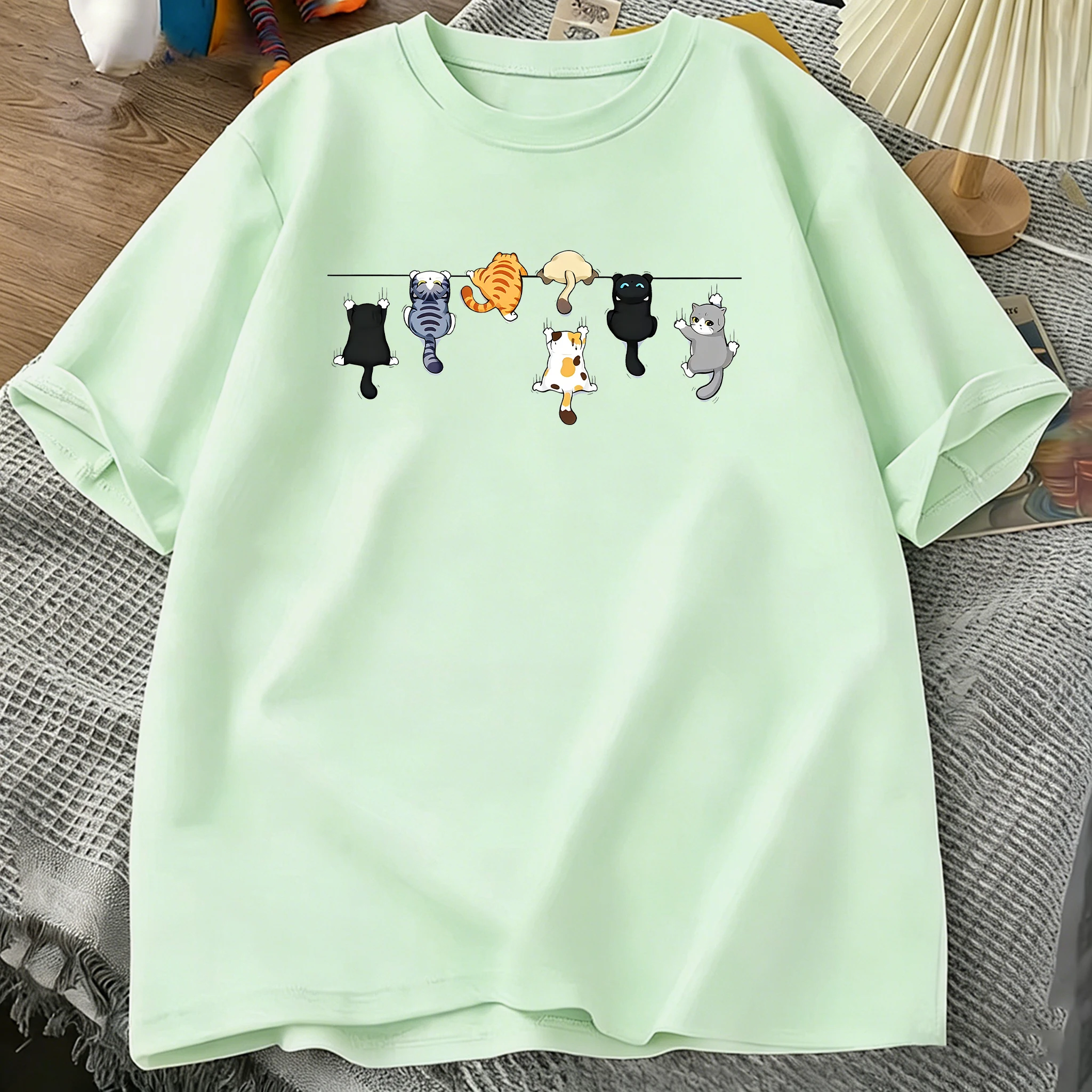 Cartoons Lustige Katzen-Drucke, Baumwoll-T-Shirts für Herren, Sommer-T-Shirts mit O-Ausschnitt und kurzen Ärmeln, bequeme, weiche, übergroße Oberteile, Basic-Kleidung
