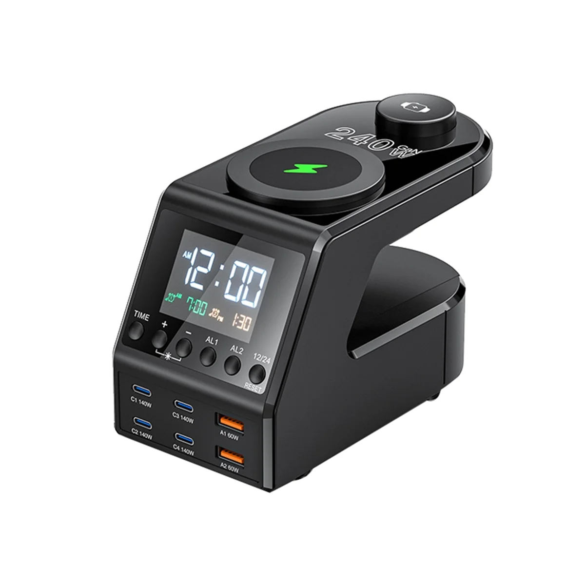 محطة شاحن GaN جديدة بتقنية 240 وات مع منبه لعرض الوقت 4x140 وات PD3.1 USB TypeC شاحن لاسلكي سريع لـ (الولايات المتحدة)