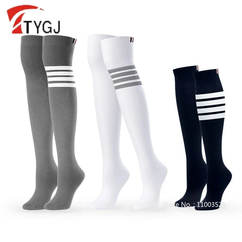 TTYGJ Women Breathable Stripe Golf Stockings Ladies Elastic Over The Knee Golf Socks Women British Style Knee-high Sports Socks