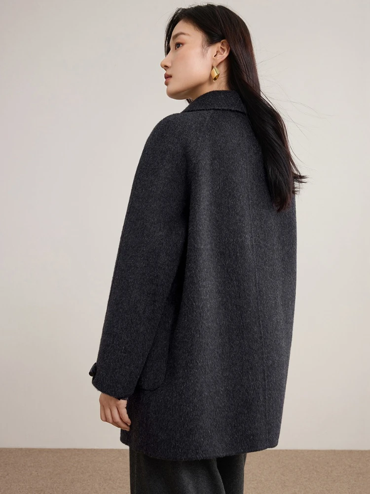 SENTUBILA 100% Wool Women's Lapel Coat with Horn Buttons Loose Fit Overcoat 2025 Winter Warm Elegant Long Sleeve Coat W54OC8770