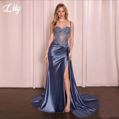 Vestido de fiesta encantador azul lirio, Apliques de encaje, vestido de fiesta con escote en forma de corazón, vestidos de noche de sirena con abertura lateral alta, bata de noche personalizada