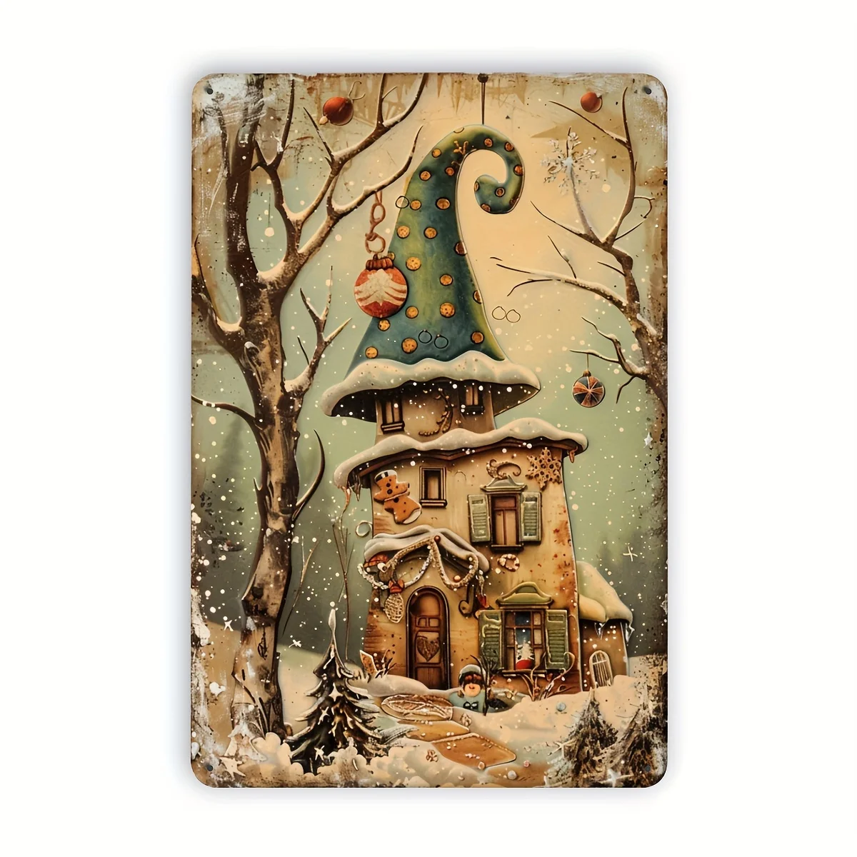 1 Vintage Christmas Cottage Metal Tin Sign, Size, Suitable for Home, Office, Bar, Cafe, Library Holiday Wall Art, Indoor and Out