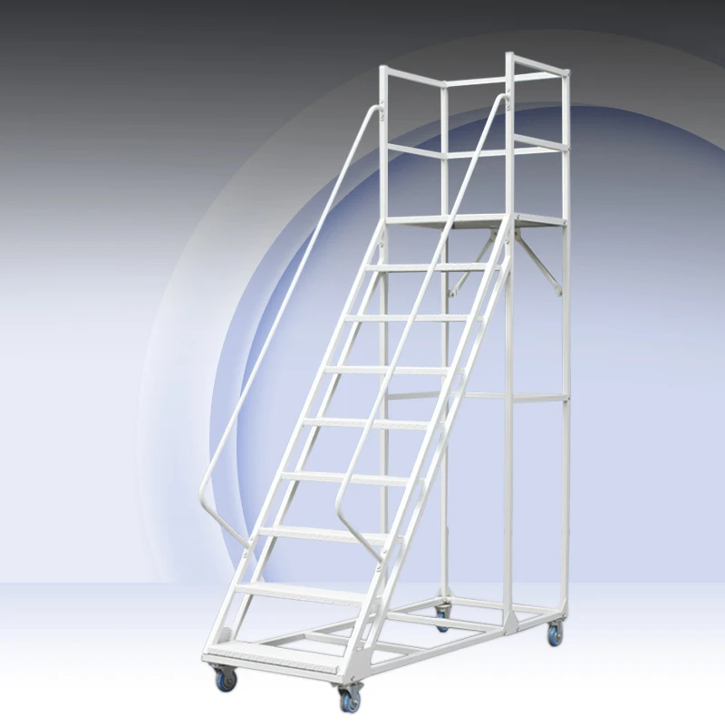 Warehouse Portable Rolling Mobile Work Platform Cold-rolled Steel Ladder with Handrail Steel Ladder Industrial Ladder