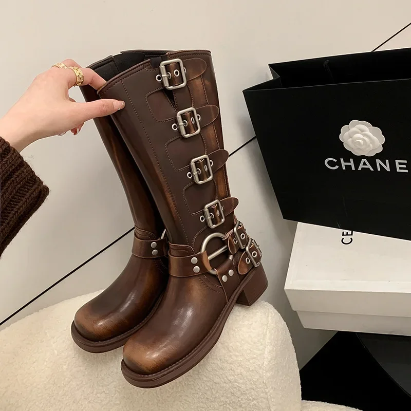 

2024 New Retro Boots Metal Buckle Square Knight Thigh Boot Women Autumn Winter Fashion Botas Mujer Boots Platform Ladies Shoes