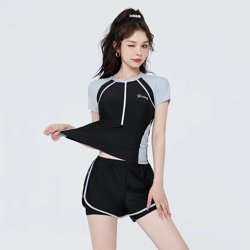 New Short Sleeve High Waist Two Pieces Swimwear Women Swimsuit Hot Spring Surf Bathing Swimming Suit Female Beach Wear 2023