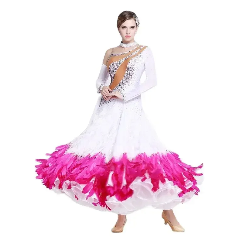 

פרחים מלאכותיים Tailor Made Ballroom Dance Dress Waltz with Luxury Feather, High Quality Custom Competition