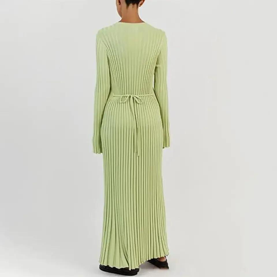 

Knitted Wrap Long Dresses Elegant Threaded Knitwear Dress Fashion Waist Cinching Slimming Spring Autumn Robes