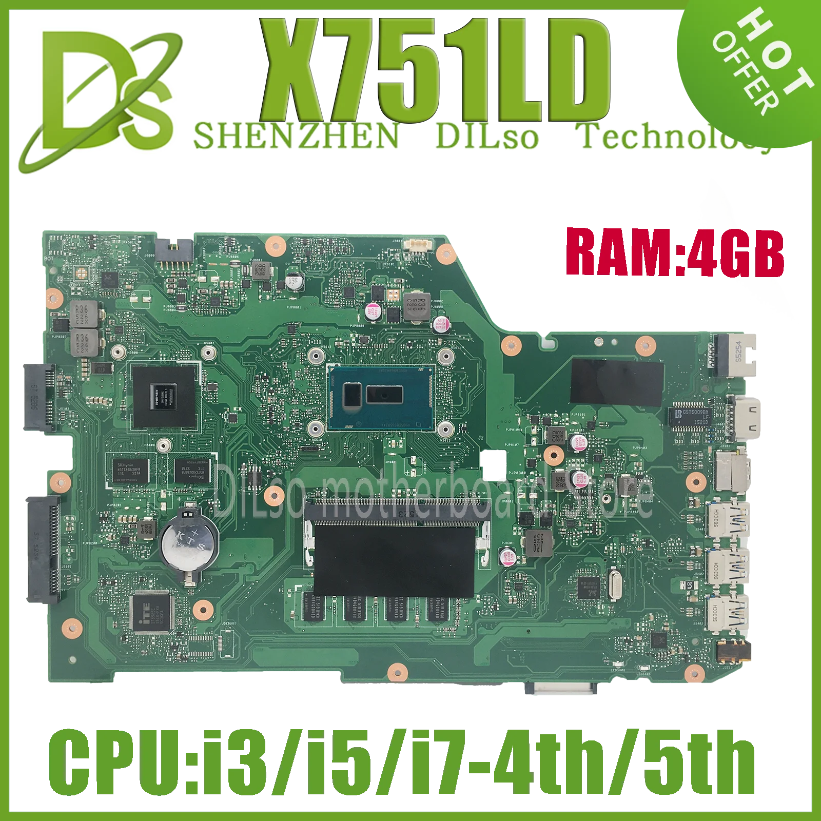 

KEFU X751LD Notebook Motherboard for ASUS X751LA X751LAB X751L X751 Laptop Motherboard I3 I5-5200U I7-4500U 4GB 100% Working