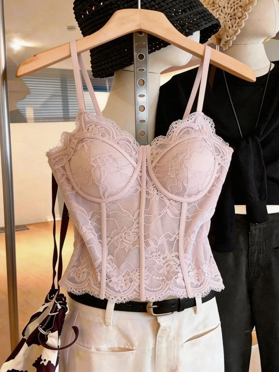 Pink Lace Strap Bralette Tank Top Sexy Pure Desire Innerwear Outerwear Sleeveless Unique Beautiful Super Good Looking Top