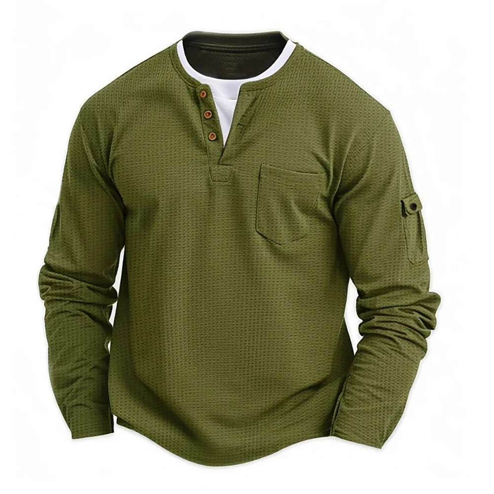 Men's Long Sleeve Button Henley Neck T-Shirt Casual Solid Color Waffle Fashion Fake Two-Piece Comfortable Fit Shirt