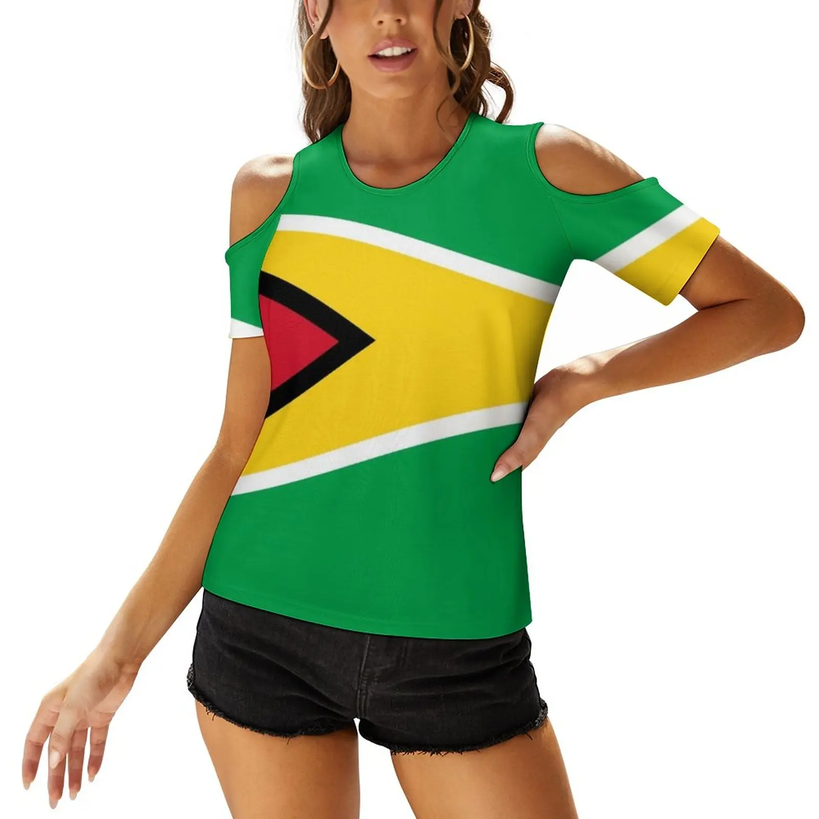 Guyana Flag T-Shirt-Guyanese Sticker Print O-Neck Off-The-Shoulder Top Short-Sleeved T-Shirt Ladies Streetwear Guyana Flag