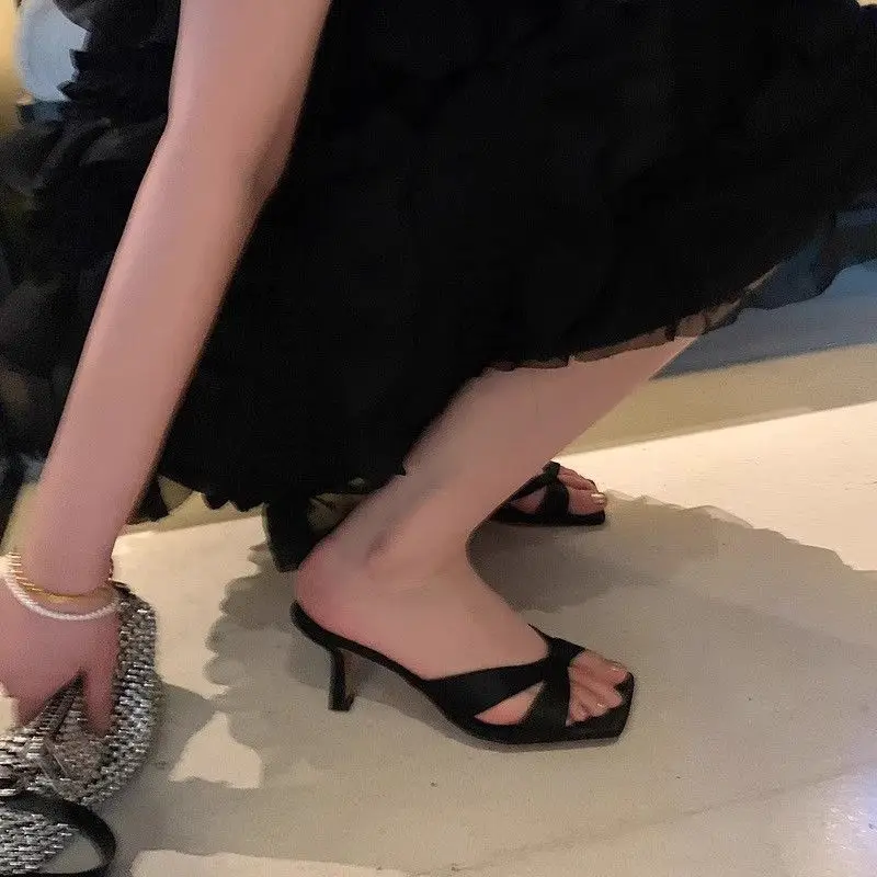 Shoes Woman 2025 Med Thin Heels Heeled Mules Slippers Casual Square Toe Pantofle Low Cross-Tied High Luxury New Denim Summer Fab