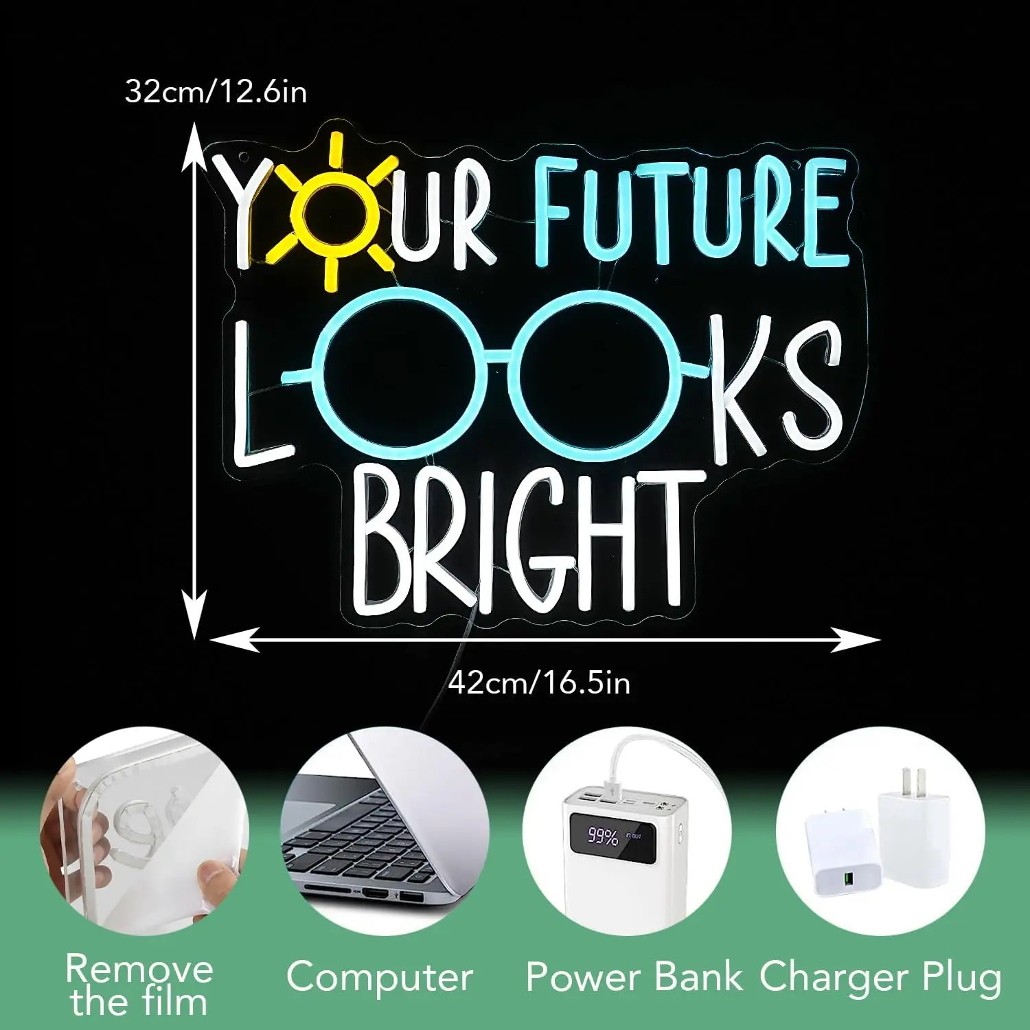 Your Future Looks Bright Neon Sign USB Dimmable LED Sign Wall Decor for Classroom Future Office Bedroom Eyeglasses Store Class O
