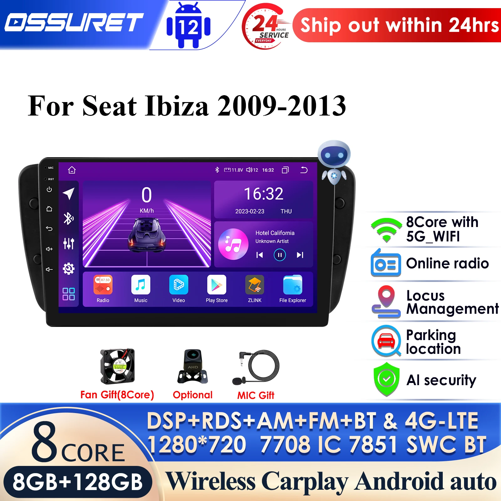 

Автомагнитола 2DIN для Seat Ibiza 6j 2009 - 2013 WIFI 4G 9 ''AI интеллектуальная система CarPlay Android Автомобильная Мультимедийная система GPS Авторадио BT