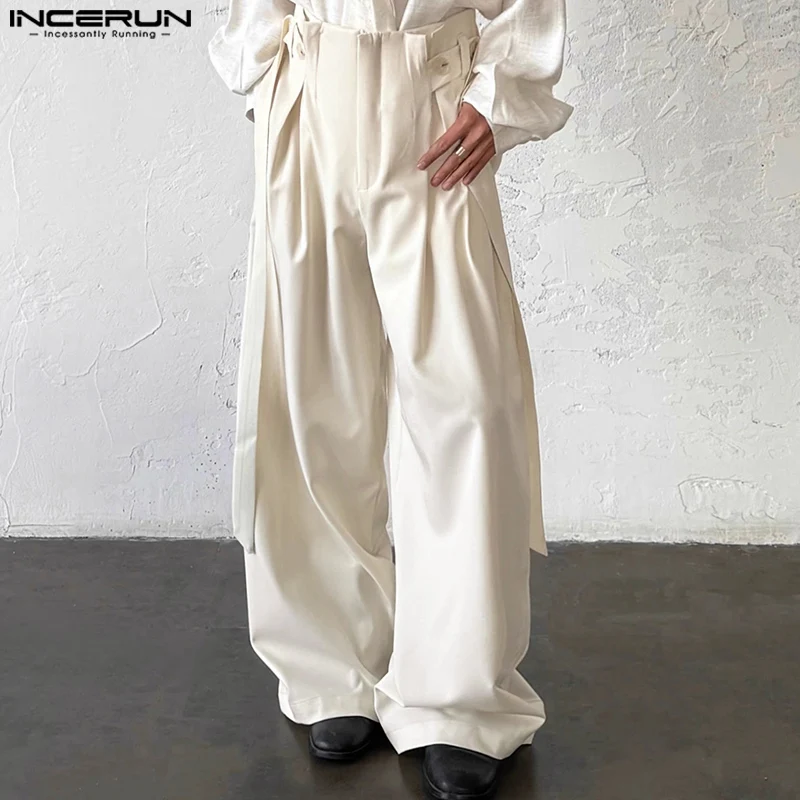 

INCERUN Men Long Pants Solid Color Joggers Oversize Pleated Button Male Wide Leg Trousers 2025 Korean Fashion Pants Streetwear