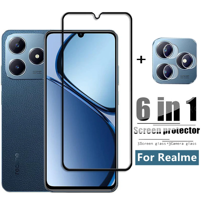 

6in1 For Realme C63 Full Cover Tempered Glass for Realme C63 C53 C55 Screen Protector 9H Protective Phone Lens Film Realme C63