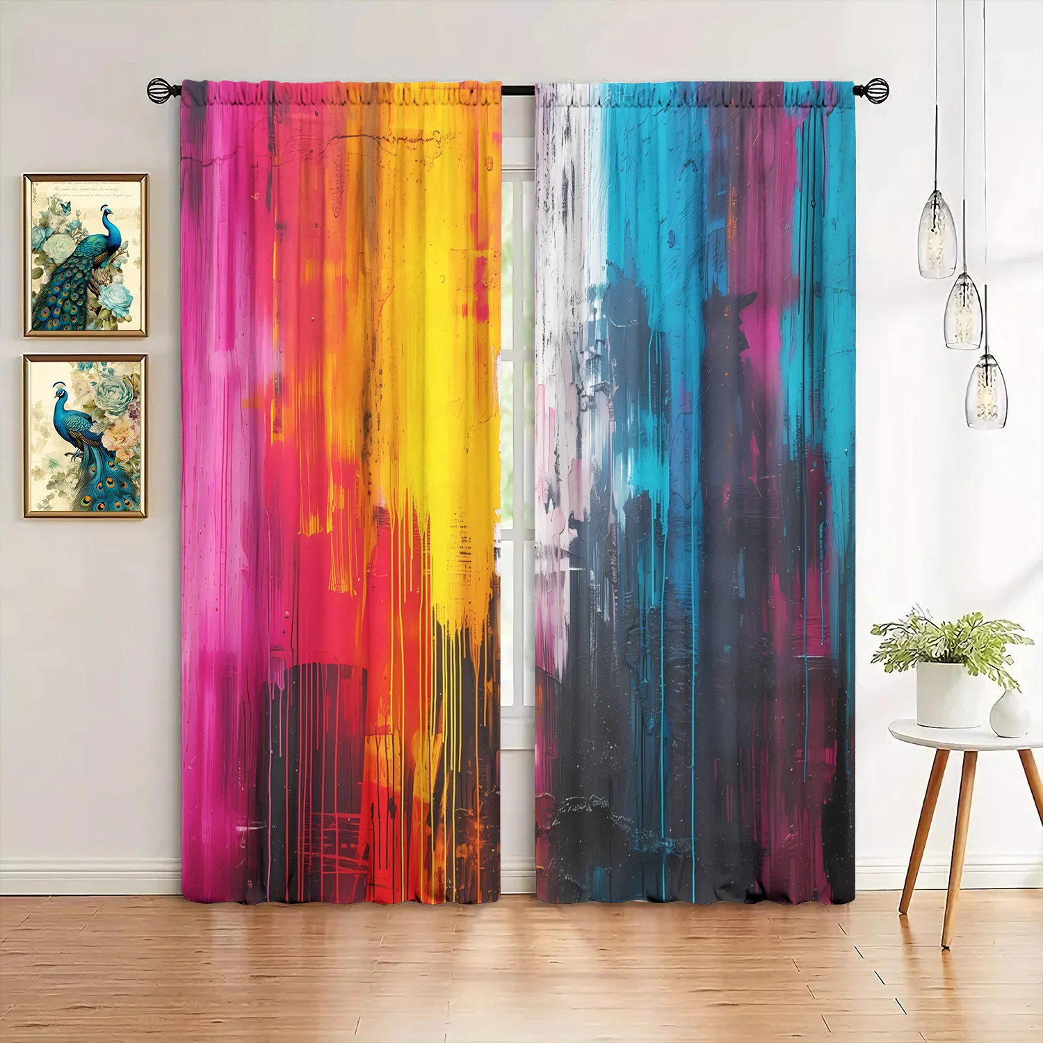 Abstract Colorful Curtain Panel Pair Polyester Drapes Modern Vibrant Geometric Stripe Boho Art Home Decor Window Curtains Living