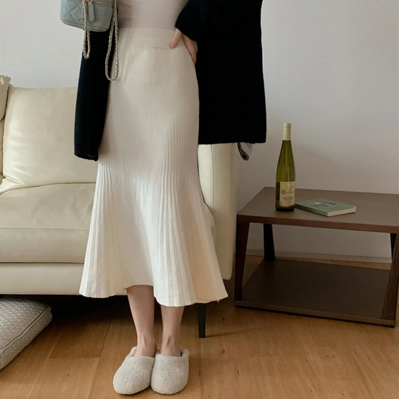 

Korean Fashion Long Mermaid Skirt Women Elegant High Waisted Knitted Skirts Woman Autumn Winter All Match Stretch Midi Skirt