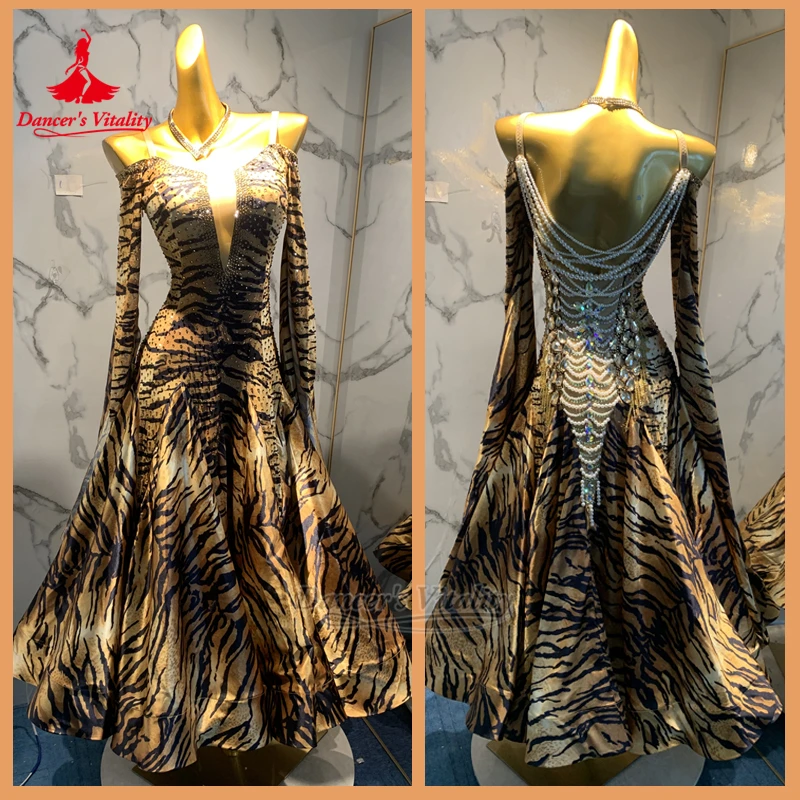 قاعة الرقص النمر المشارب الندى فساتين الكتف مع قلادة المتقدمة تخصيص الإناث الفالس فوكستروت الزي حيوية الراقصة #1