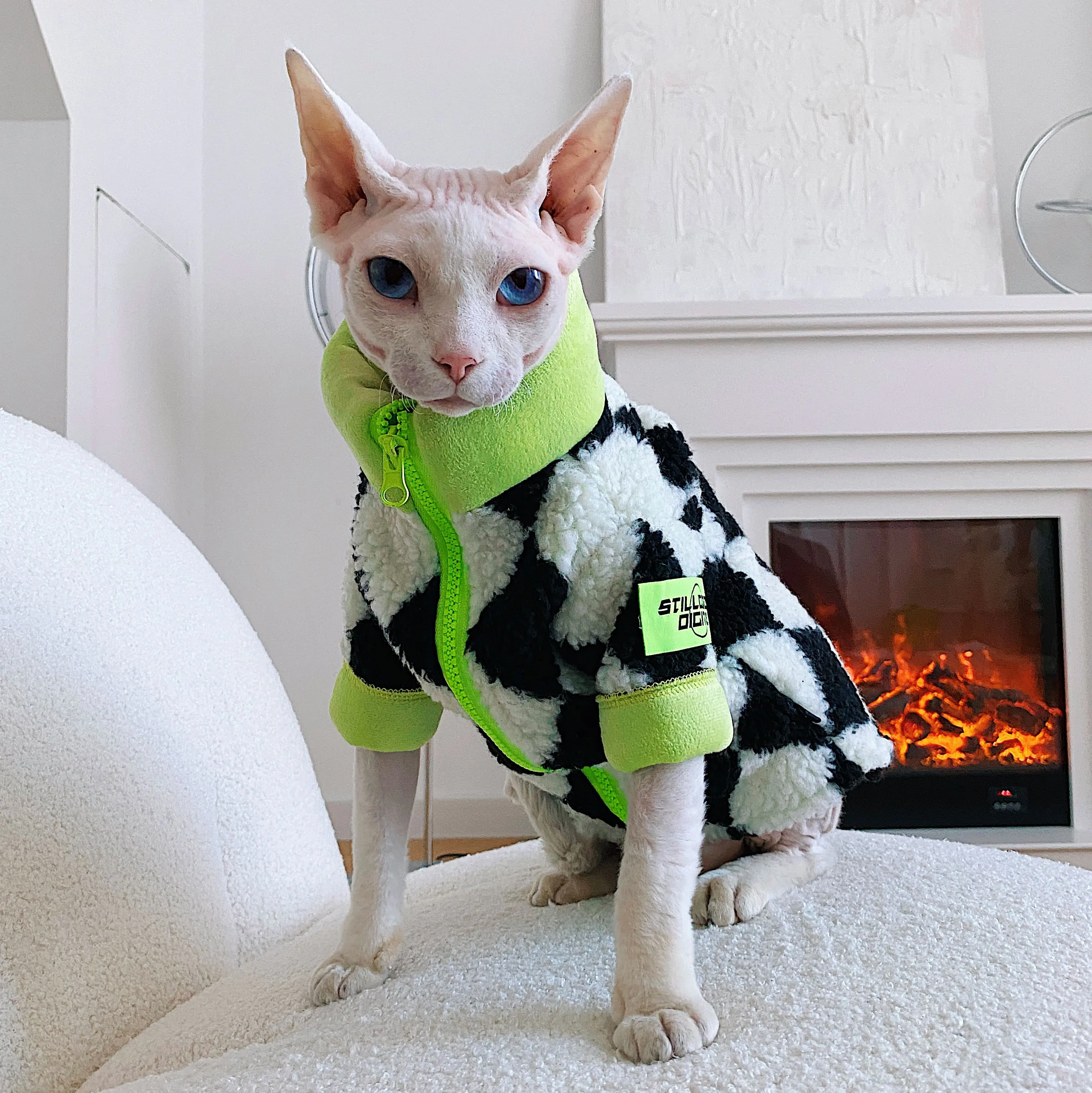 Fashion Fleece Coat for Sphynx Green High Neck Zipper Sweatshirt Jumpsuit for Kittens Plaid Loungewear for Devon Rex Sweater