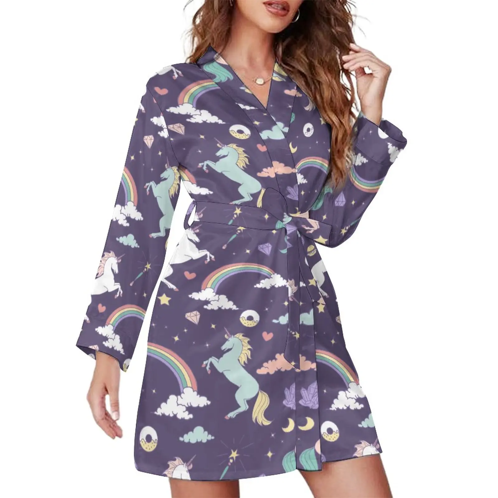 Unicorn Print Pajama Robe V Neck Rainbow Cloud Diamond Warm Dresses Womens Long Sleeve Home Bathrobe Printed Pajamas Robes