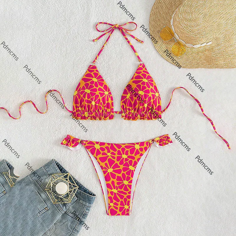 

2025 new European and American print sexy bikini swimsuit women lace-up beach hot spring swimsuit bikini